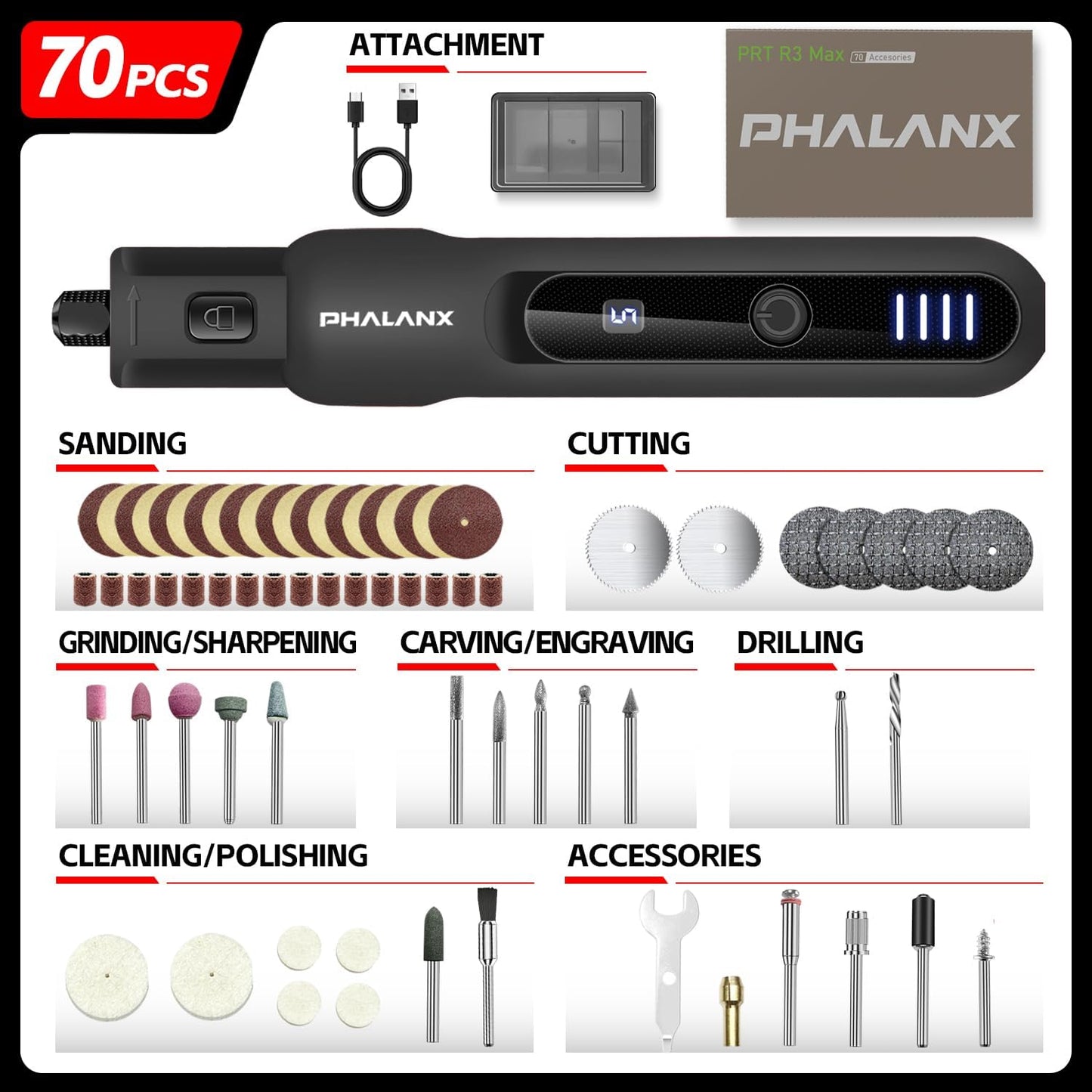 Phalanx Rotary Tool - 3.7V Max Cordless Rotary Tool Kit LED Ring Work Light