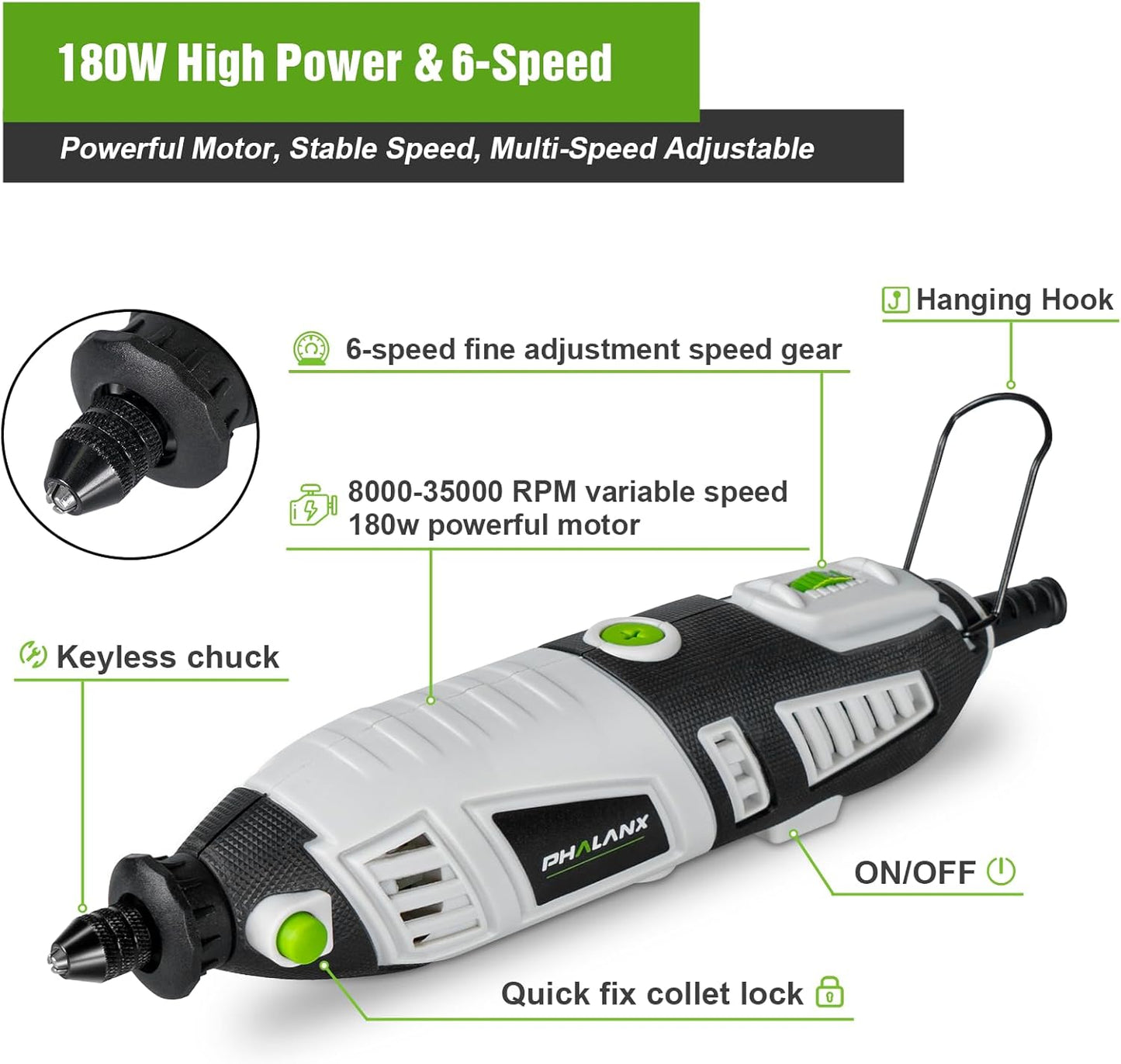 Phalanx 180W Rotary Tool Kit (Deluxe Set) 6 Variable Speed with Flex Shaft