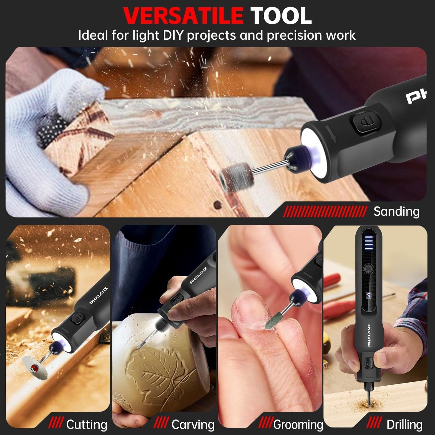 Phalanx Rotary Tool - 3.7V Max Cordless Rotary Tool Kit LED Ring Work Light