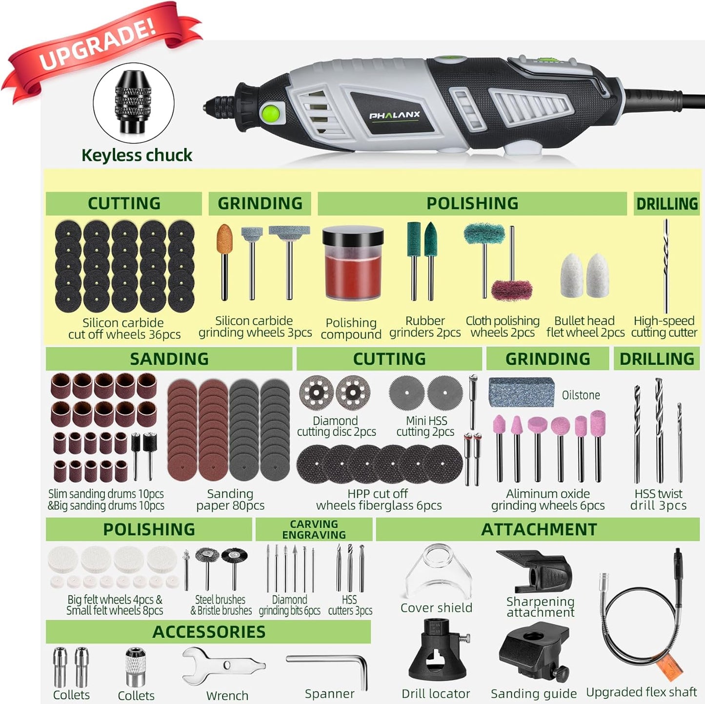 Phalanx 180W Rotary Tool Kit (Deluxe Set) 6 Variable Speed with Flex Shaft